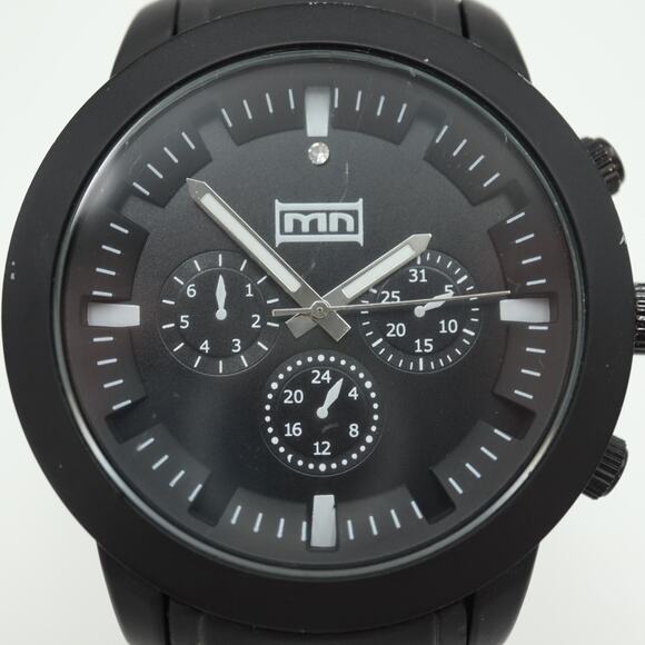 MN Black Mens Watch Faux Chrono 50mm Stainless Steel Bracelet with New Battery - Picture 6 of 16